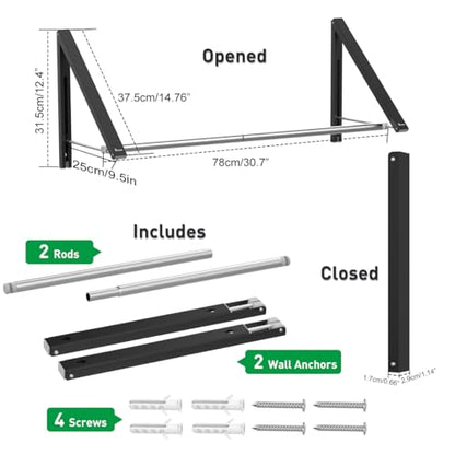 Retractable Clothes Rack - Wall Mounted Folding Clothes Hanger Drying Rack for Laundry Room Closet Storage Organization, Aluminum, 2 Racks with Rod (Black) - color: Black