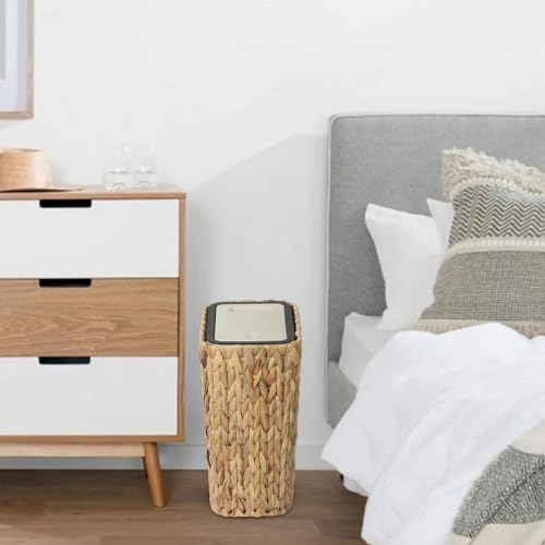 Trongee Boho Trash Can with Lid for Bathroom,2.6 Gallon Small Rattan Garbage Can with Press Top Lid,Woven Wastebasket and Hamper 2 in 1 Wicker Trash Basket for Bathroom,Kitchen,Living Room,Bedroom - color: Water Hyacinth