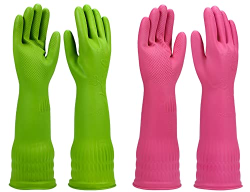 Dishwashing gloves 2 Pairs for kitchen,Rubber cleaning gloves,Long dish gloves reuseable. - color: Multicolor, size: Small (Pack of 2)