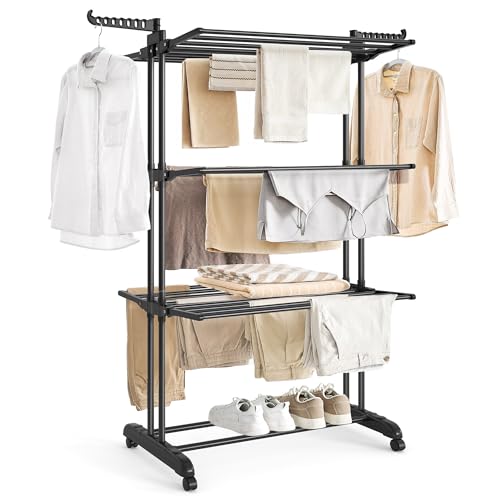 SONGMICS 4-Tier Clothes Drying Rack, Foldable, Rolling, 66.6-Inch Tall - color: Black, style: 4-Tier