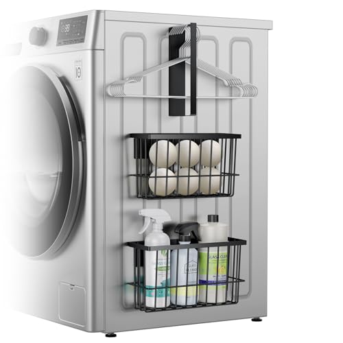 Laundry Room Organization and Storage Magnetic Dryer Ball Holder with Magnetic Hanger Holder, Magnetic Lint Bin for Washer Dryer, Iron Basket Dryer Ball Container, Magnetic Laundry Organizer (Black) - color: Black