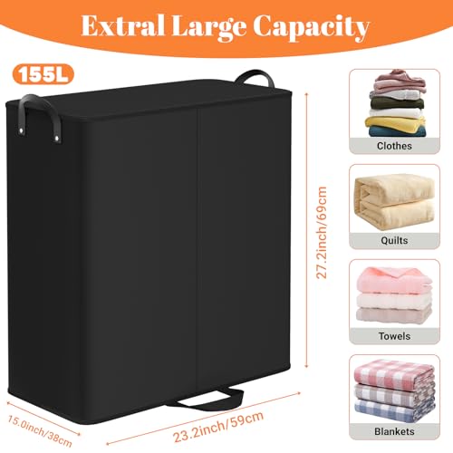 155L 2 Section Laundry Hamper with Lid, Laundry Basket, Black - color: Black, size: 155L
