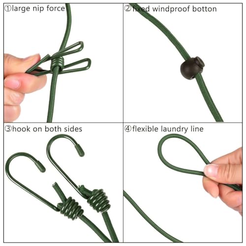 Retractable Clothesline with 12 Clips for Travel, Indoor & Outdoor Use（Army Green） - color: Army Green