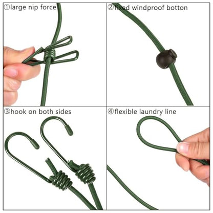Retractable Clothesline with 12 Clips for Travel, Indoor & Outdoor Use（Army Green） - color: Army Green