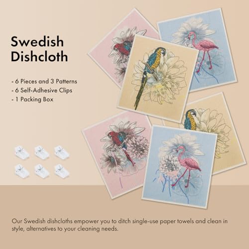 Swedish Dishcloths for Kitchen, 6 Pack Birds Flower Swedish Dish Towels with Clips, Reusable Paper Towels Washable Non-Scratch Super Absorbent Cellulose Sponge Cloths, Biodegradable No Odor - color: Birds Flower