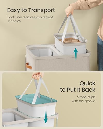 SONGMICS Laundry Basket, 170L Laundry Hamper with Lid, 2 Removable Bags - color: Cappuccino Beige, size: 170 L (2-Section)