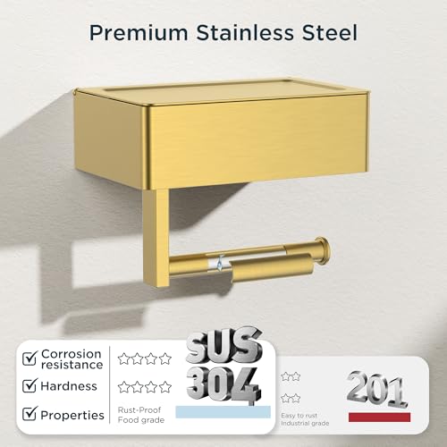 FORIOUS Toilet Paper Holder with Shelf, Wall-Mounted Modern Wipes Dispenser - color: Brushed Gold, size: Big 2 Pack-8" (L)
