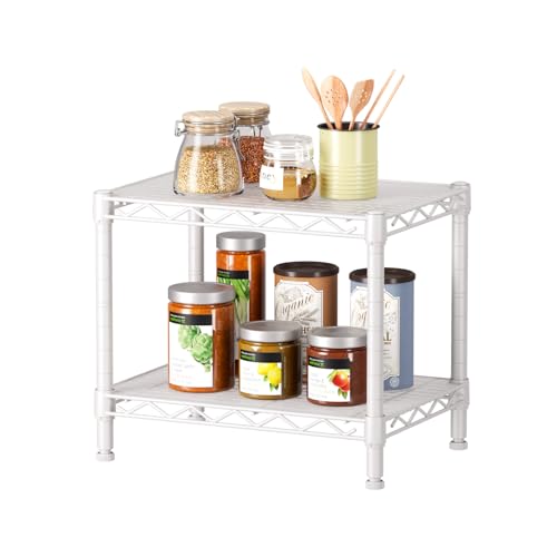 SINGAYE Small Shelves Kitchen Storage Shelf Wire Shelving Metal Adjustable - color: White, size: 2 Tier 11.6"Dx17.6"Wx12"H