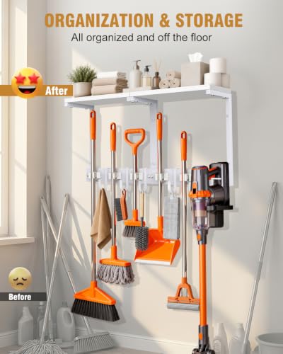 Large Broom Holder Wall Mount with Shelf, Vacuum Organizer, 5 Slots 5 Hooks - color: White, size: Large