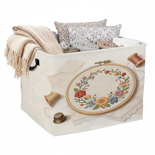 Floral Embroidery Laundry Hamper 56L Large Laundry Basket with Handles, Foldable Clothes Hamper for Bedroom Bathroom, Decorative Toy Storage Bin, Home Decor Organizer for Blankets, Towels & Toys. - color: Floral Embroidery