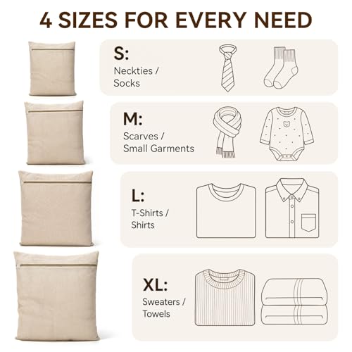 100% Cotton Mesh Laundry Bags for Delicates, Set of 4 Multi Size (S M L XL), Wash Bags with Protective Zipper Cover, Reusable for Clothes, Lingerie & Underwear