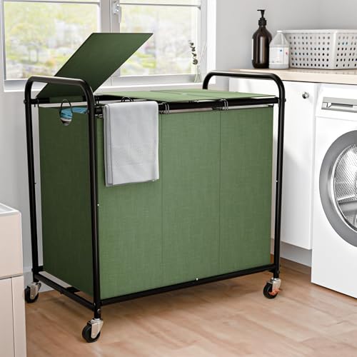 180L Laundry Sorter 3 Section, Rolling Laundry Basket with Wheels and Lid - color: Green-3Sec, size: 47.55Gal