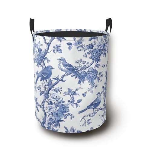 Blue Flower Laundry Basket with Handles,Bird Waterproof Clothes Organizer Bin Collapsible Storage Basket for Bedroom Bathroom Dorm Room 16" x 20.8" - color: Blue Flower Bird