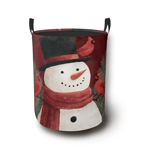 Christmas Cute Snowman Laundry Hamper with Handles,Cardinal Collapsible Waterproof Storage Basket for Dirty Clothes Books Round Organizer Bin for Bathroom Bedroom College Dorms 16" x 20.8" - color: Christmas Cute Snowman Cardinal