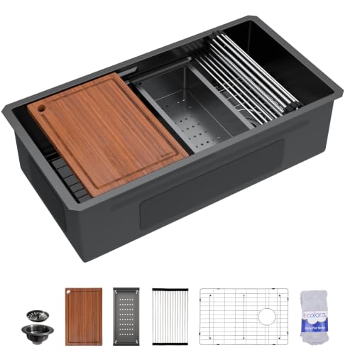 Dcolora 36" Matte Black Undermount Stainless Steel Kitchen Sink Workstation - color: Matte Black, size: 36"x19"