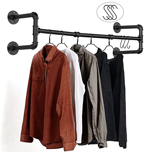 Wall Mounted Clothes Rack - 54" Industrial Pipe Clothing Garment Rack, Space-Saving Heavy Duty Detachable Black Iron Clothes Hanger Pole, Multi-Purpose Hanging Rod for Closet Storage, 4 Base - size: Black 54" x1 pcs(4Base)
