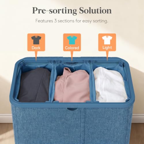 Lifewit 185L 3 Section Laundry Hamper with Lid, Laundry Basket, Dark Blue - color: Dark Blue, size: 185L