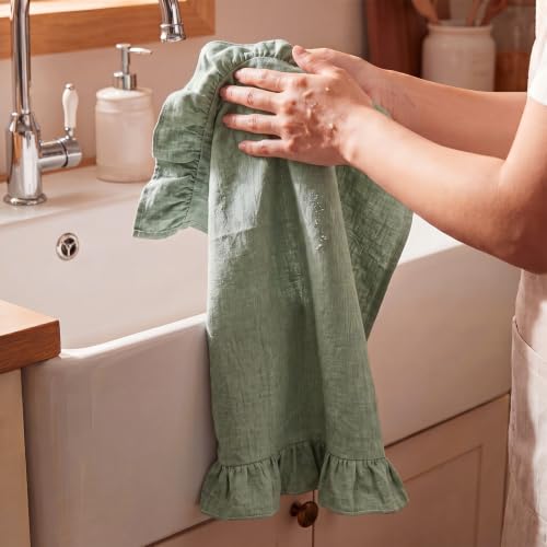 HunnmingRe 2 Pcs Sage Green Kitchen Towels Retro Towels Cotton Ruffled - color: Sage Green, style: Retro