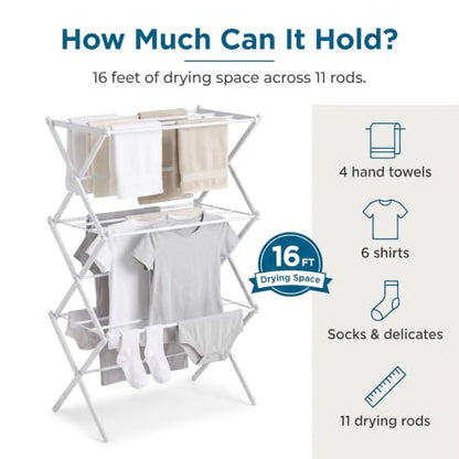 Honey-Can-Do 3-Tier Compact Clothes Drying Rack, 16 ft, No Assembly, White - color: White, size: 21" W