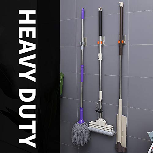Broom Holder Wall Mount, 2 Pack Orange Stainless Steel Mop and Broom Organizer, Heavy Duty 15 Lbs Self Adhesive Tool Hanger, No Drill V-Shape Broom Hooks for Garage, Kitchen, Bathroom