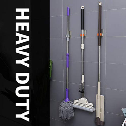 Broom Holder Wall Mount, 2 Pack Orange Stainless Steel Mop and Broom Organizer, Heavy Duty 15 Lbs Self Adhesive Tool Hanger, No Drill V-Shape Broom Hooks for Garage, Kitchen, Bathroom