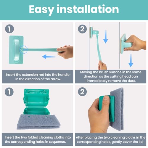 Window Screen Cleaner & Track Cleaning Kit – Mesh Screen Cleaning Brush + 3 Groove Brushes & 6 Replacement Cleaning Cloths – 14.8″ Detachable Long-Reach Handle, Wet & Dry Dual-Use