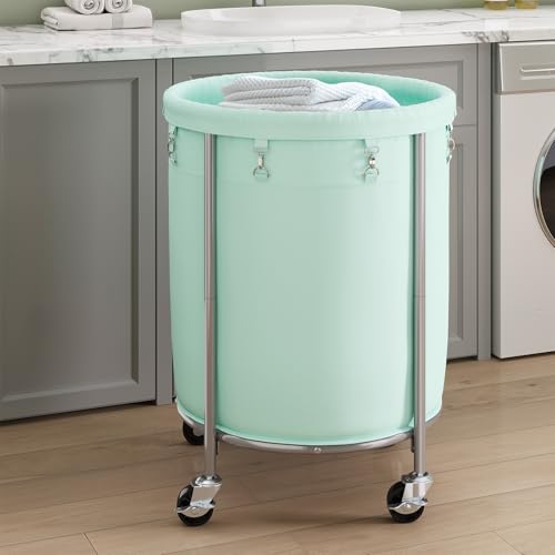 ELYKEN Laundry Basket with Wheels, Round Rolling Laundry Hamper, Mint Green - color: Mint Green, size: 190L