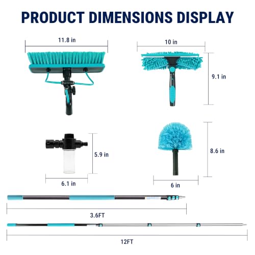 HoldwellS Solar Panel Cleaning Kit, 12FT Water Fed Pole with Extendable Handle, 180° Rotatable Brush Head & 65.6FT Hose, Household & Outdoor Window Cleaner Tool for Caravan Solar Panel Deck