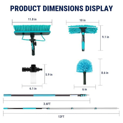 HoldwellS Solar Panel Cleaning Kit, 12FT Water Fed Pole with Extendable Handle, 180° Rotatable Brush Head & 65.6FT Hose, Household & Outdoor Window Cleaner Tool for Caravan Solar Panel Deck