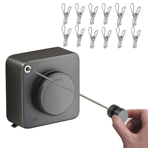 Retractable Clothesline Indoor,Bathroom Clothesline Retracting Heavy Duty Clothes Drying Laundry Line Travel Clothesline for Hotel Room Wall Mounted Stainless Steel Line-13.8 Feets,Gray