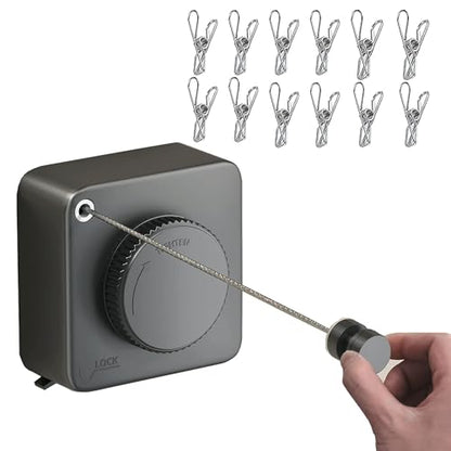 Retractable Clothesline Indoor,Bathroom Clothesline Retracting Heavy Duty Clothes Drying Laundry Line Travel Clothesline for Hotel Room Wall Mounted Stainless Steel Line-13.8 Feets,Gray