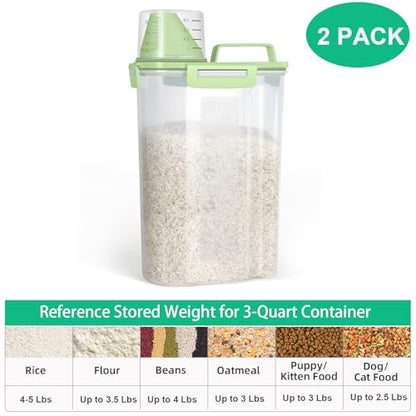 TBMax Rice Container Cereal Storage Container 2 Pack 5 Lbs, Plastic Kitchen Pantry Food Storage Container with Cup, Small Pet Dog Cat Food Dispenser -Green - color: Green 3+3Qt