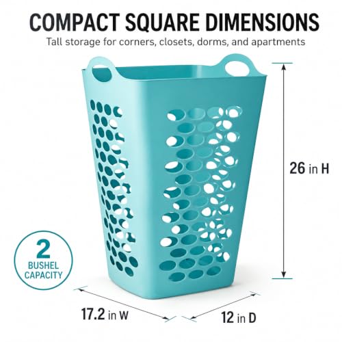 Teal Square Laundry Hamper 2 Bushel, Flexible Plastic Basket - color: Blue-Handle-2 Bushel