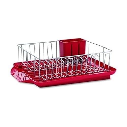 Farberware Classic Large Rust Resistant Full Dishrack with Removable 3 Compartment Flatware Caddy, Andlged Drain Board, 3-Piece, Red - color: Red