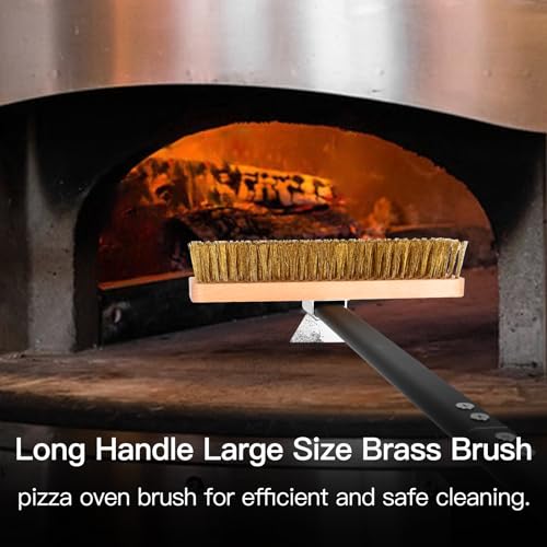 Large Pizza Oven Brush with Scraper, 10.7" Length Brass Bristles Grill Brush with 37 or 52.8 Inch Long Handle, Backyard Pizza Oven Accessories