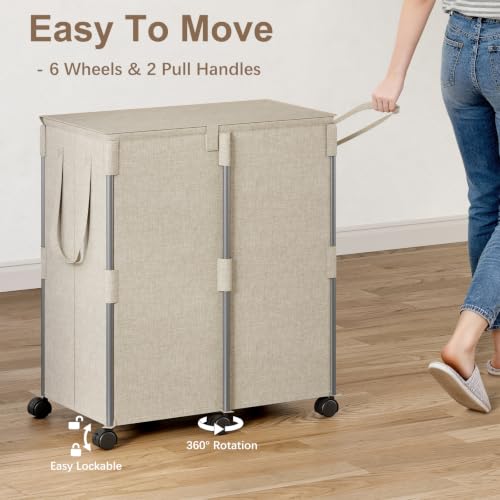 140L Double Laundry Hamper with Lid and 6 Wheels, Rolling Laundry Basket - color: Beige, size: 140l(24.8"l X 14.2"w X 26"h)