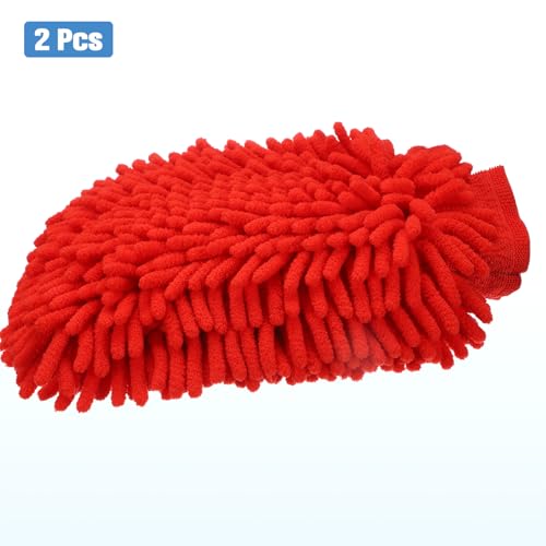 HARFINGTON 2pcs Chenille Microfiber Car Wash Mitts 10" x 7.5" Scratch Free Wash Gloves Absorbent Double Sided Plush Cleaning Drying Mitts for Car Washing Home Clean Red - color: Red
