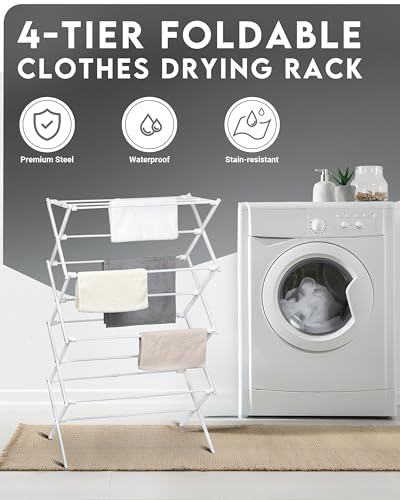 ZOES HOMEWARE 4-Tier Clothes Drying Rack, 4ft High Foldable Drying Rack Clothing for Indoor & Outdoor, Portable Collapsible Laundry Dryer for Laundry Room and Apartment, White 29" L x 49" H x 11.5" W - color: White