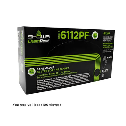 SHOWA 6112PF Sustainable EBT Latex-Free, Powder-Free, Nitrile Disposable Single Use Safety Gloves, 4 Mil, 9.5" Length, Black, Medium, (1 Box/100 Gloves) - color: Black, size: Medium