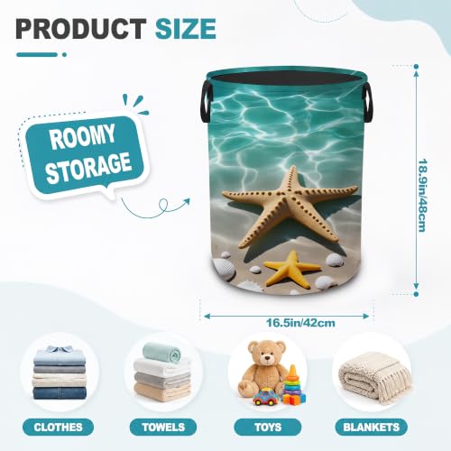 Starfish Beach Portable Laundry Hamper,Ocean Coastal Collapsible Clothes Basket with Handles,Waterproof Oxford Cloth Organizer for Dorm Bedroom Bathroom Nursery,16 x 20 Inch - color: Starfish Beach,Ocean Coastal