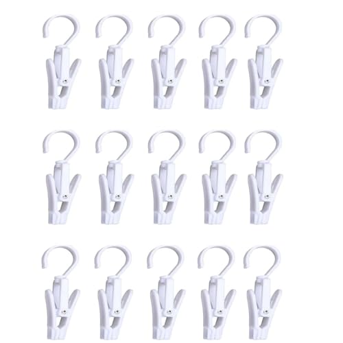 15 Pcs Super Strong Plastic Swivel Hanging Hooks, Curtain Clips, Clothes Pins, Beach Towel Clips, Home Swivel Laundry Clips for Hats, Pants, Towels, Socks, Pants - color: White 15