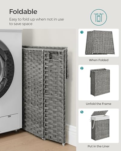 SONGMICS Laundry Hamper with Lid, 14.5 Gal (55 L) Synthetic Rattan,Foldable - color: Dove Gray, size: 55 L