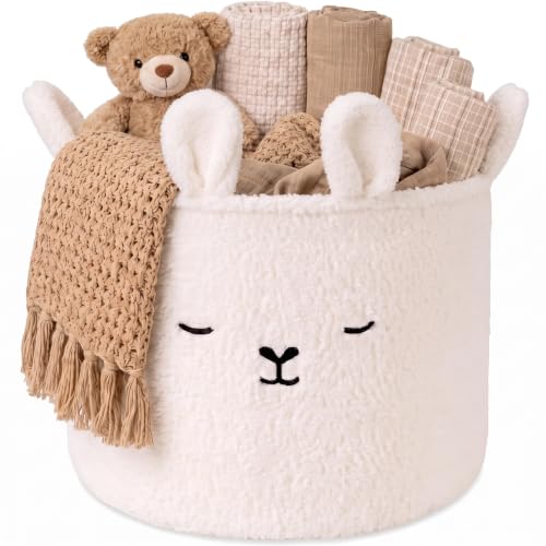 Novabright Sherpa Bunny Nursery Storage Basket Laundry Hamper with Handles