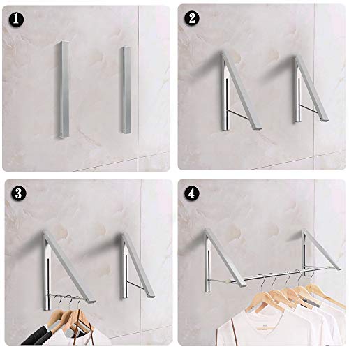 Laundry Room Drying Rack Wall Mounted Clothes Hanger Folding Wall Coat Racks Aluminum Home Storage Organiser Space Savers Silver 2 Rakcs with Rod - color: Silver