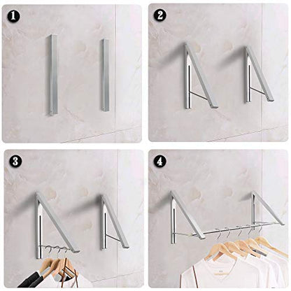 Laundry Room Drying Rack Wall Mounted Clothes Hanger Folding Wall Coat Racks Aluminum Home Storage Organiser Space Savers Silver 2 Rakcs with Rod - color: Silver