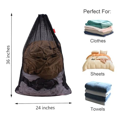 2 Pack Mesh Laundry Bags 24 x 36 Inches Drawstring Bag Black - color: Black