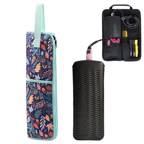 WK IEASON 2 Pieces Curling Iron Travel Bag Case Heat Mat for Hair Tools - color: Floral print