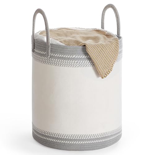 SONGMICS Laundry Hamper, Cotton Rope Basket with Handles, 15.8 Gallons - color: Cloud White + Dove Gray, size: 60 L