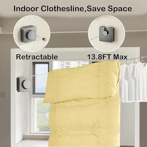 Retractable Clothesline Indoor,Bathroom Clothesline Retracting Heavy Duty Clothes Drying Laundry Line Travel Clothesline for Hotel Room Wall Mounted Stainless Steel Line-13.8 Feets,Gray