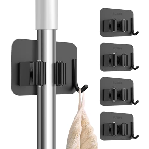 nacena 4 Pack No Drill Self Adhesive Broom Mop Holder Wall Mount with Hooks, Heavy Duty Stainless Steel Organizer for Kitchen Bathroom Garage Storage, Black - color: Matte Black, size: 4 Packs